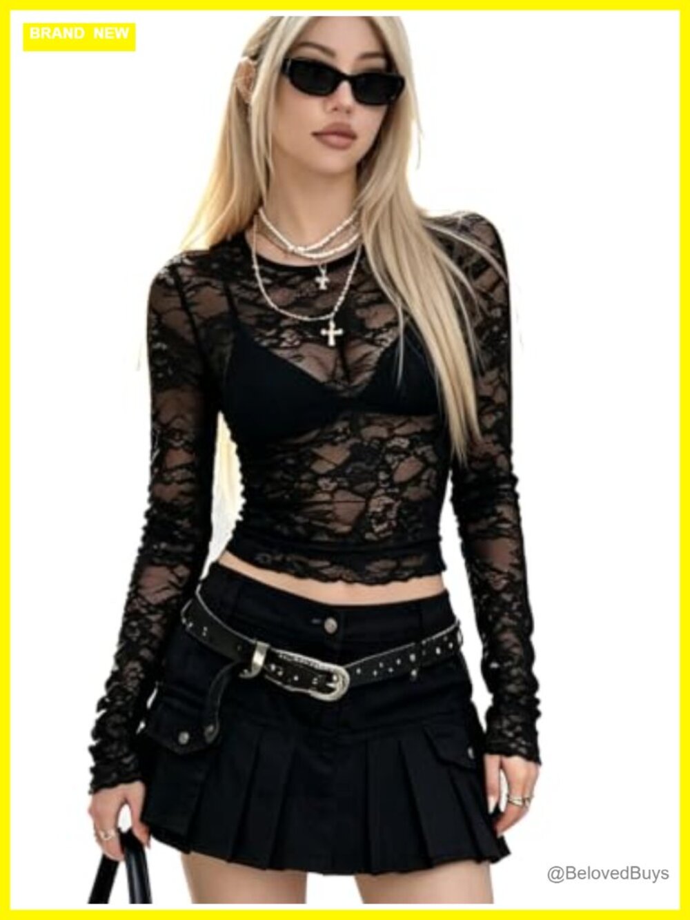 Women's Floral Lace Mesh Sheer Long Sleeve Top Goth Rave Club Y2K